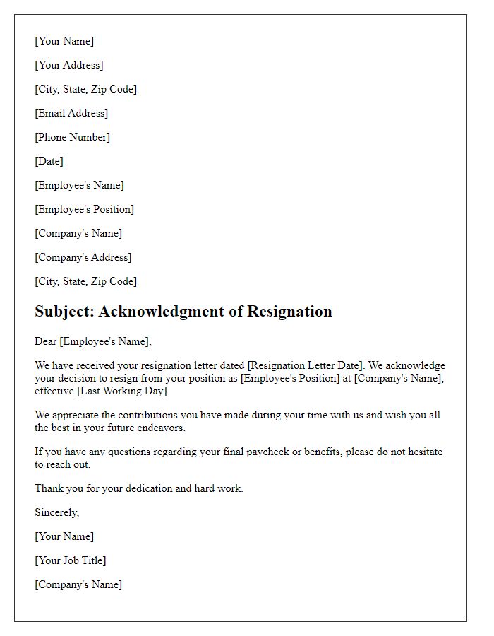 Letter template of Formal Resignation Acknowledgment