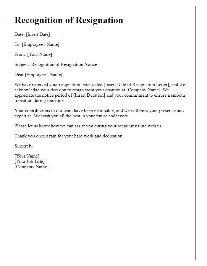 Letter template of Recognition of Resignation Notice