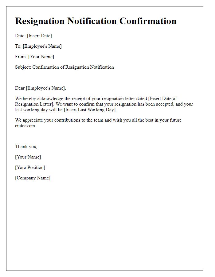 Letter template of Resignation Notification Confirmation