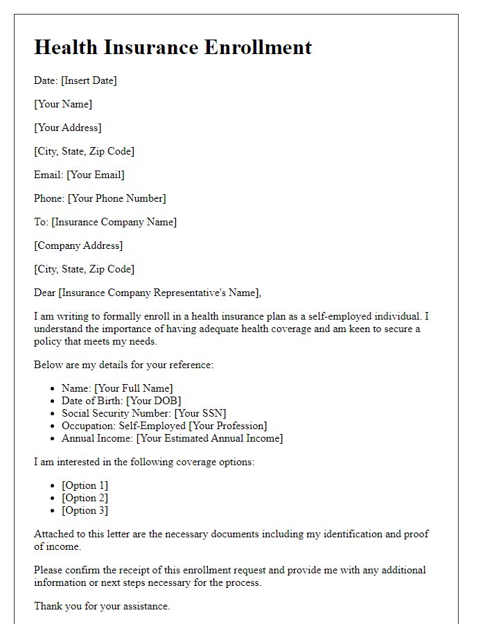 Letter template of health insurance enrollment for self-employed