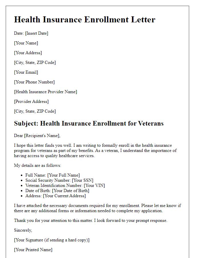 Letter template of health insurance enrollment for veterans