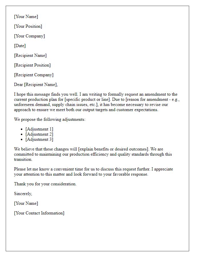 Letter template of request to amend the production plan.