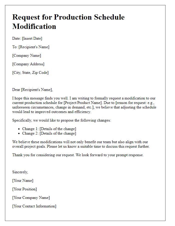 Letter template of request for production schedule modification.