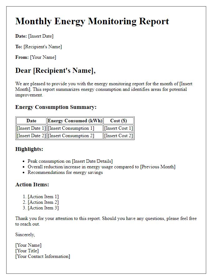 Letter template of monthly energy monitoring