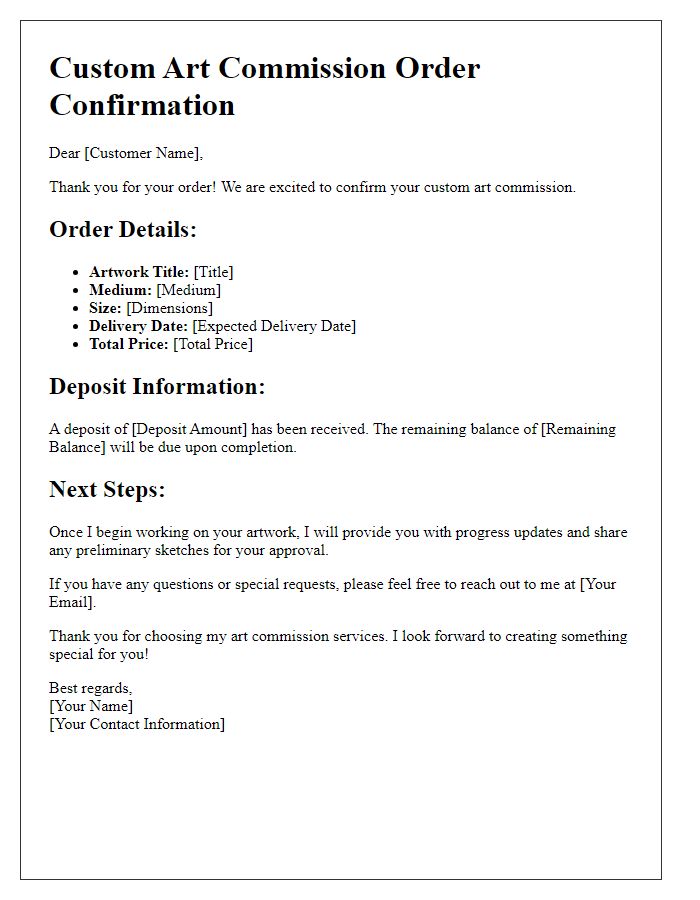 Letter template of Custom Order Confirmation for Custom Art Commissions