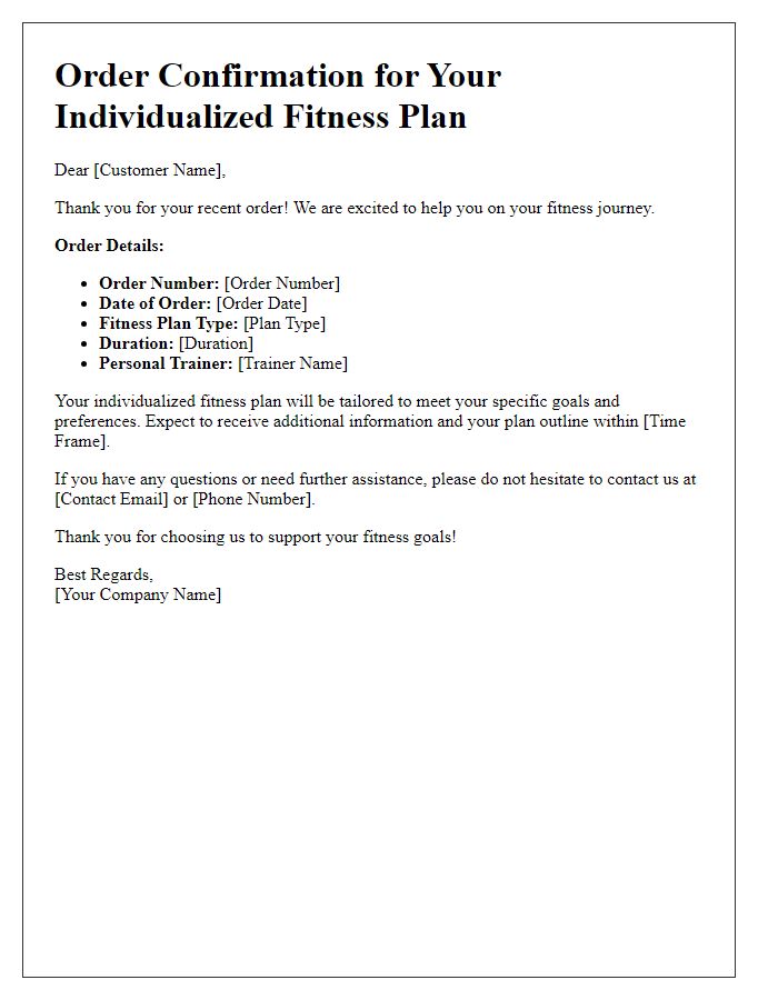 Letter template of Custom Order Confirmation for Individualized Fitness Plans