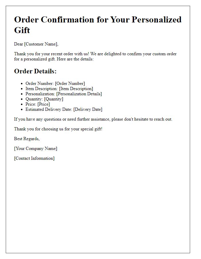 Letter template of Custom Order Confirmation for Personalized Gifts