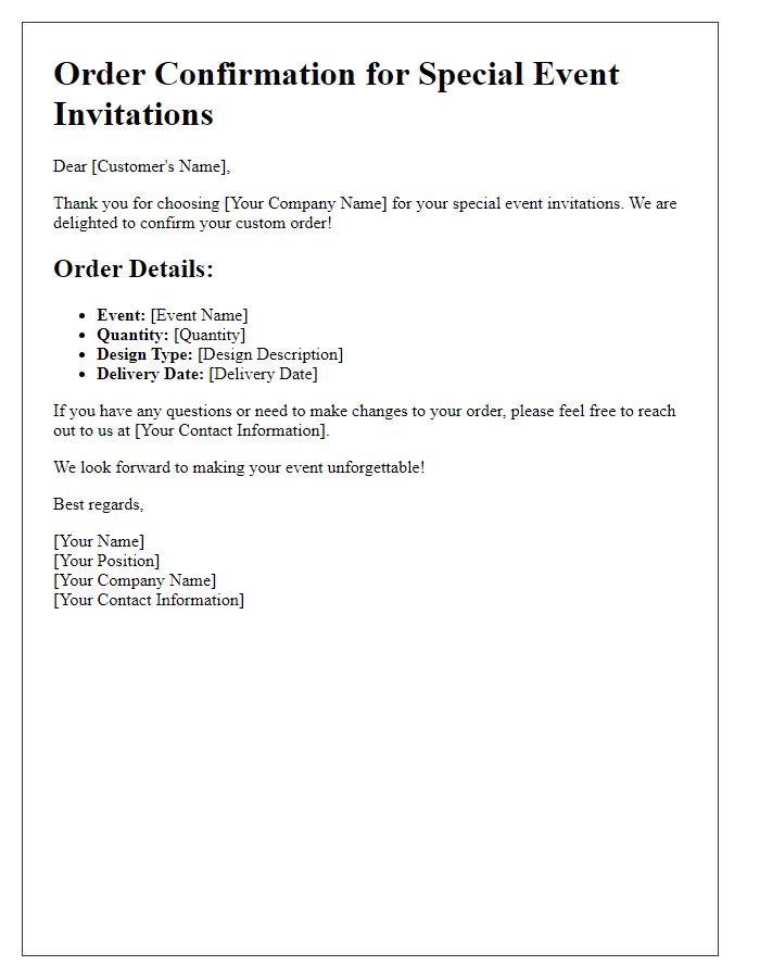 Letter template of Custom Order Confirmation for Special Event Invitations