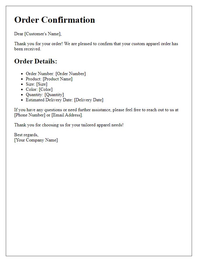 Letter template of Custom Order Confirmation for Tailored Apparel