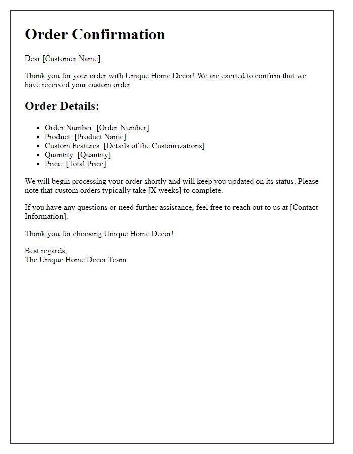 Letter template of Custom Order Confirmation for Unique Home Dcor