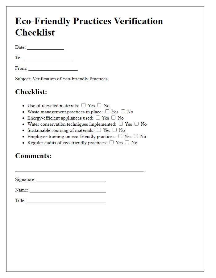 Letter template of Eco-Friendly Practices Verification Checklist