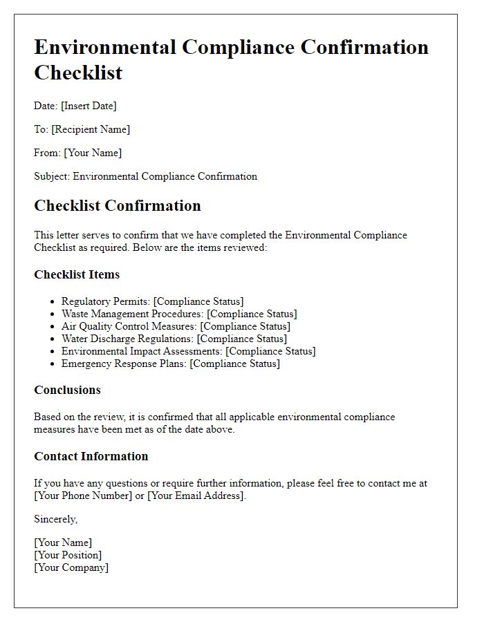 Letter template of Environmental Compliance Confirmation Checklist