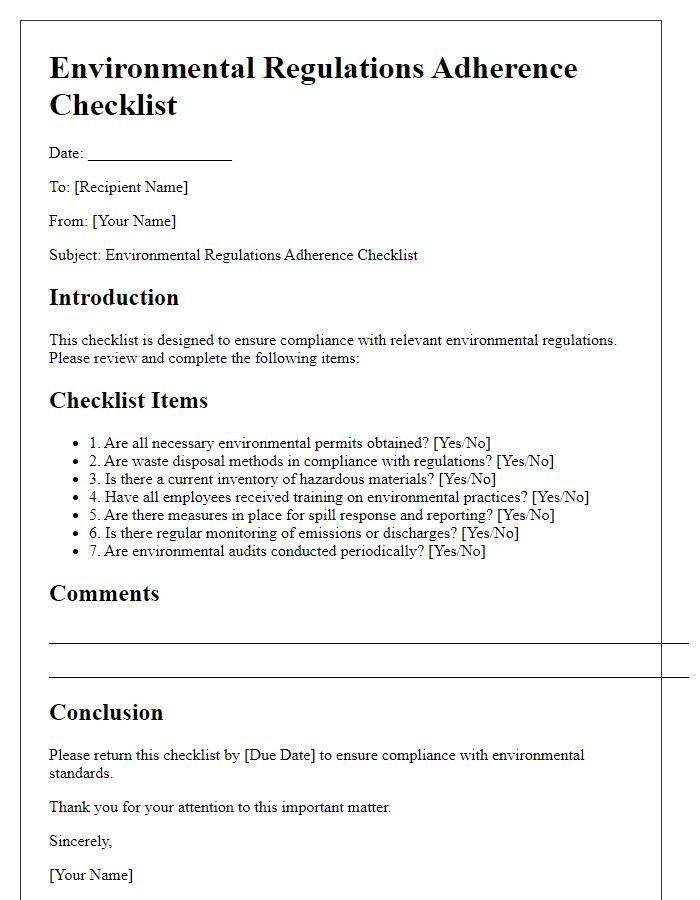 Letter template of Environmental Regulations Adherence Checklist