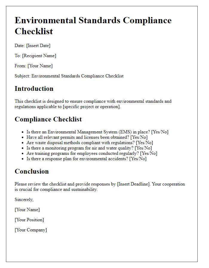 Letter template of Environmental Standards Compliance Checklist