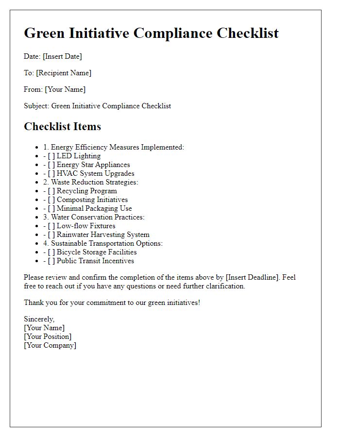 Letter template of Green Initiative Compliance Checklist