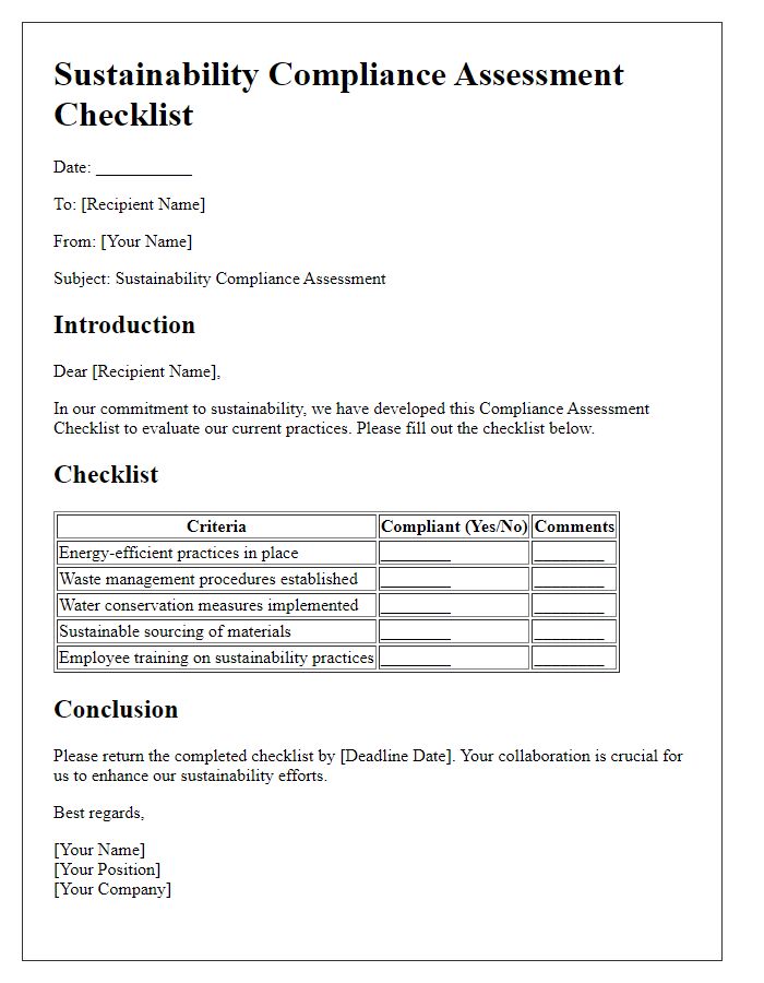 Letter template of Sustainability Compliance Assessment Checklist