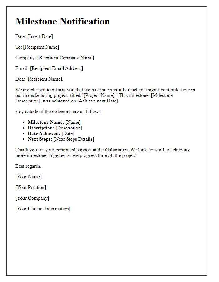 Letter template of manufacturing project milestone notification