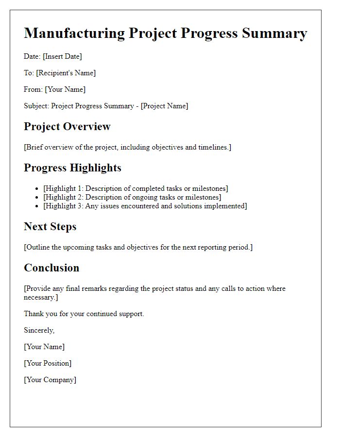 Letter template of manufacturing project progress summary