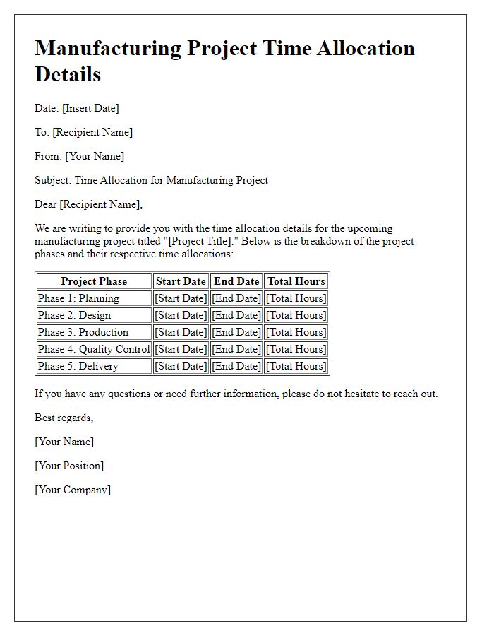 Letter template of manufacturing project time allocation details