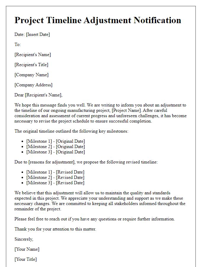 Letter template of manufacturing project timeline adjustment