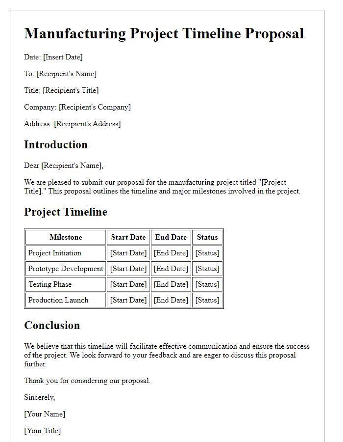 Letter template of manufacturing project timeline proposal