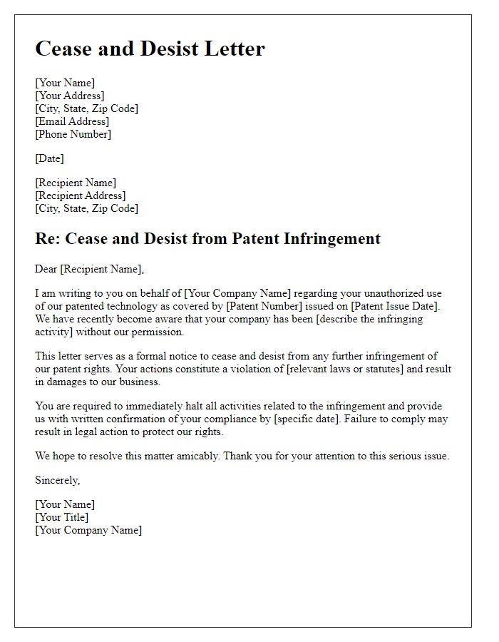 Letter template of patent infringement cease and desist communication