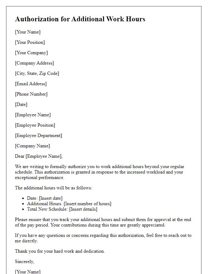 Letter template of Authorization for Additional Work Hours