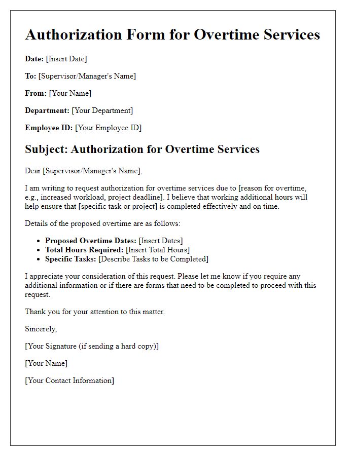 Letter template of Authorization Form for Overtime Services