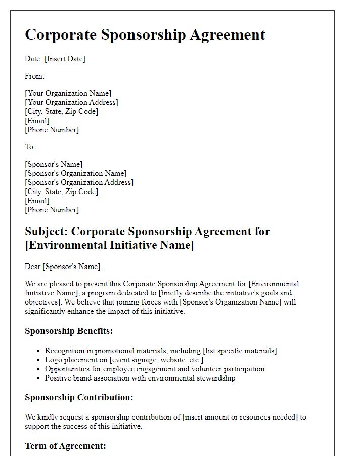 Letter template of corporate sponsorship agreement for environmental initiative