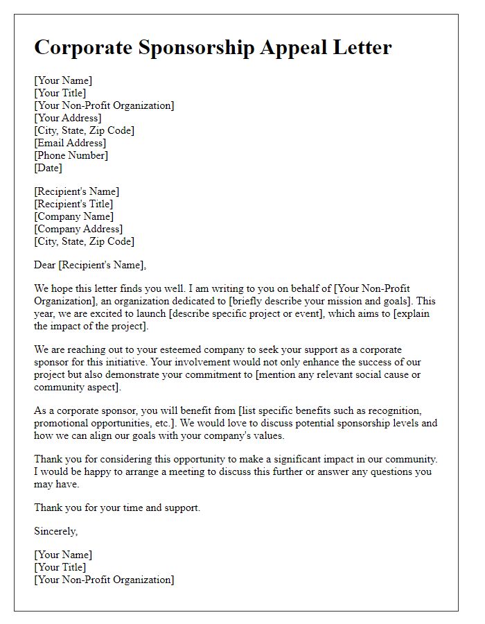 Letter template of corporate sponsorship appeal for non-profit organization