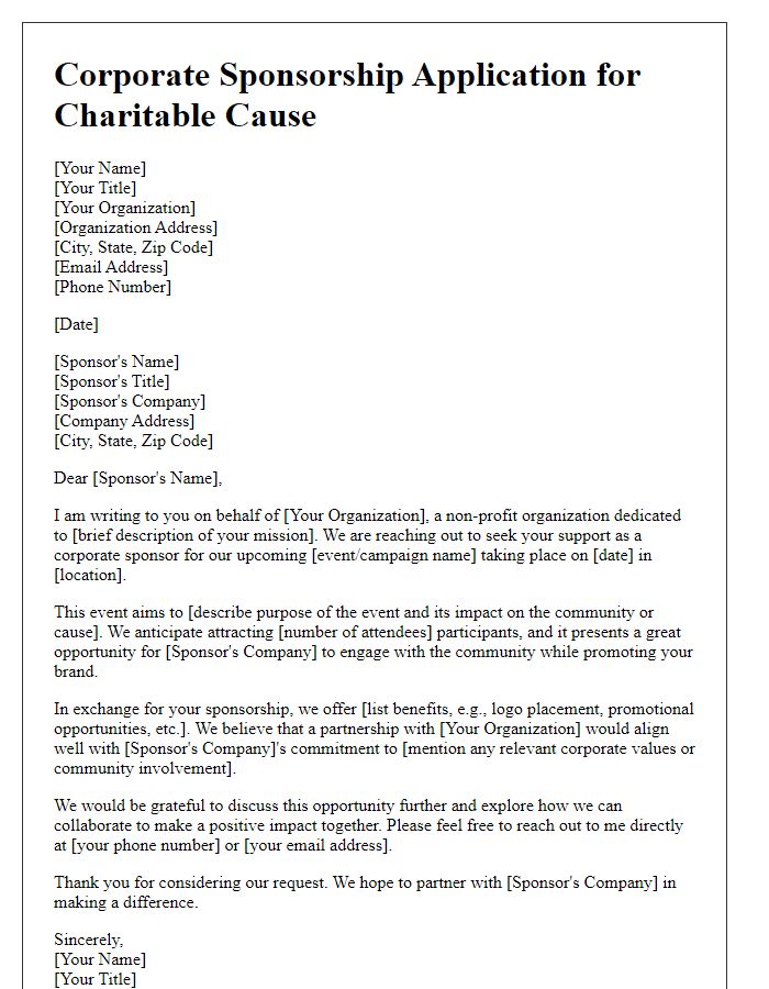 Letter template of corporate sponsorship application for charitable cause