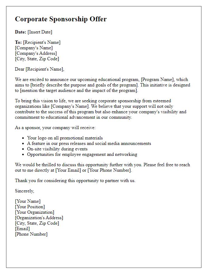 Letter template of corporate sponsorship offer for educational program