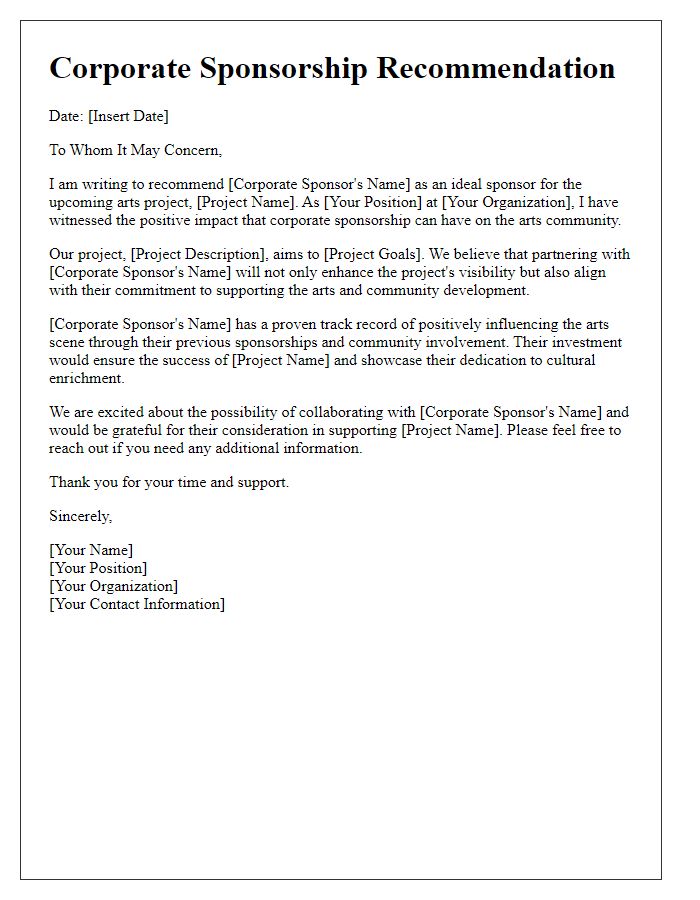 Letter template of corporate sponsorship recommendation for arts project