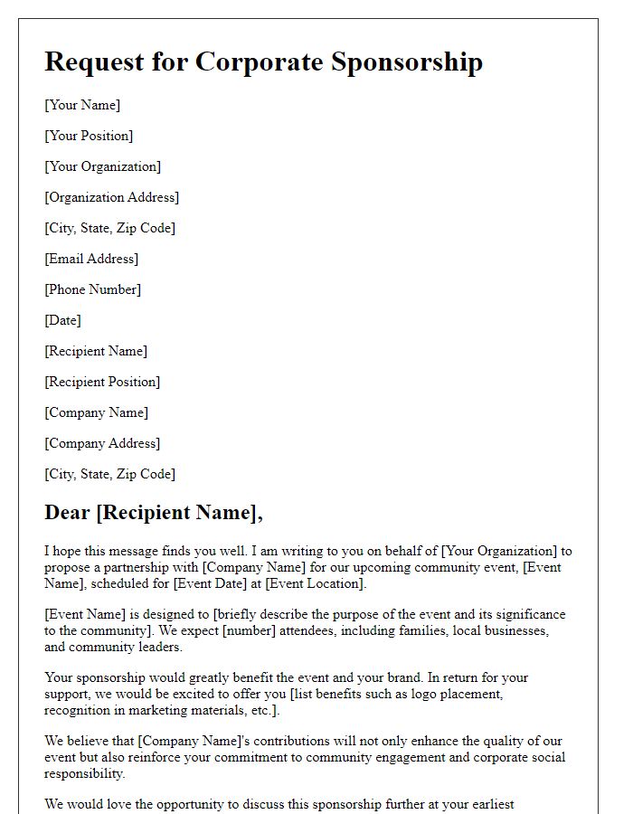 Letter template of corporate sponsorship request for community event