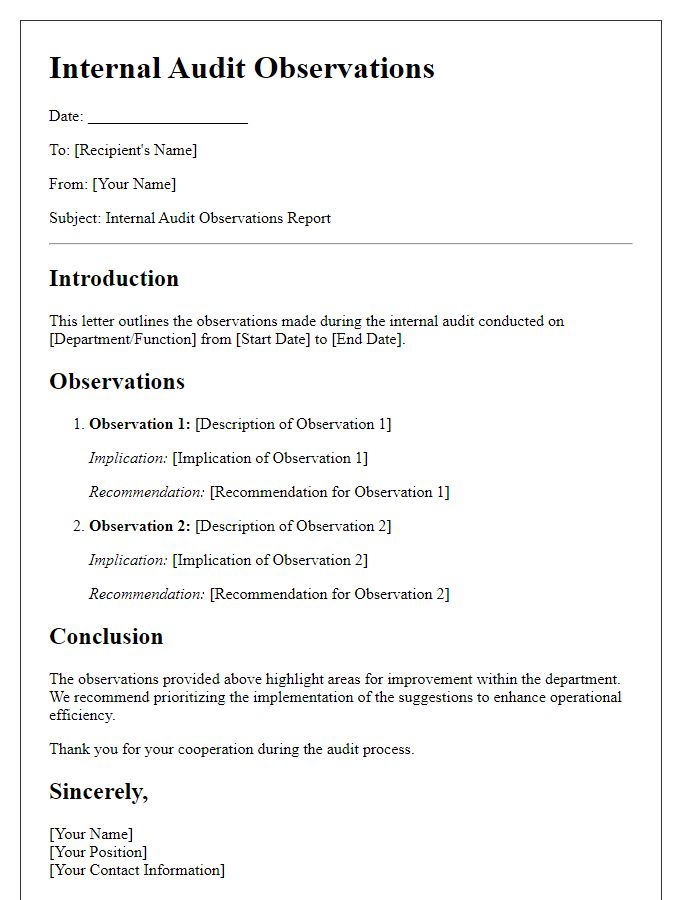 Letter template of internal audit observations