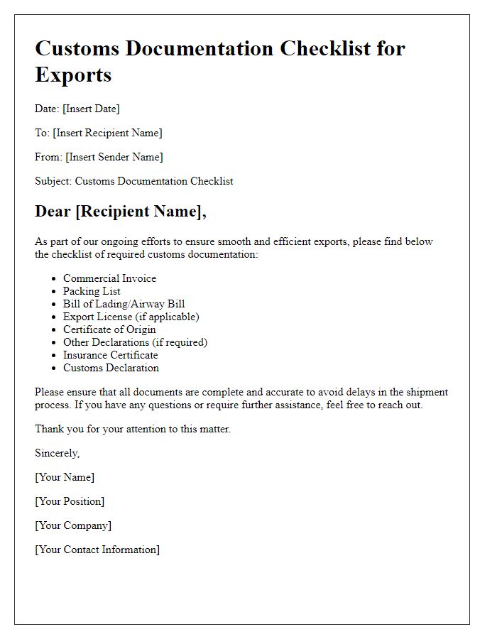 Letter template of customs documentation checklist for exports