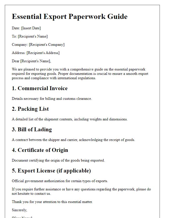 Letter template of essential export paperwork guide