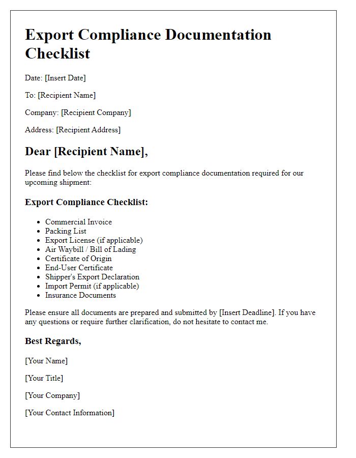 Letter template of export compliance documentation checklist