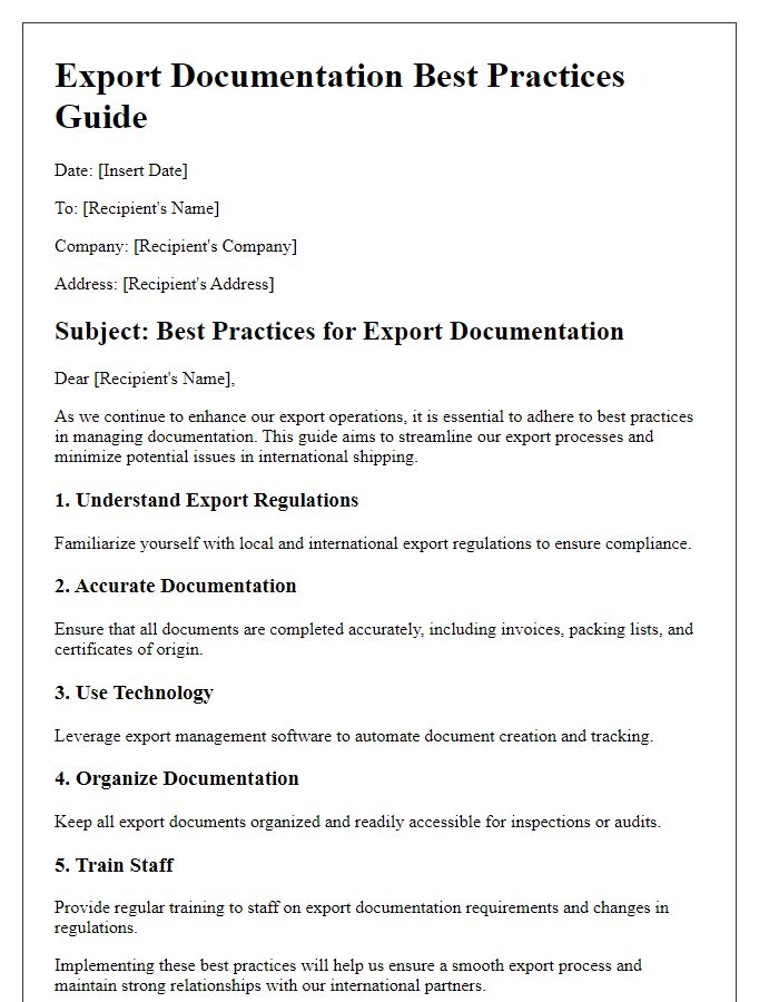 Letter template of export documentation best practices guide