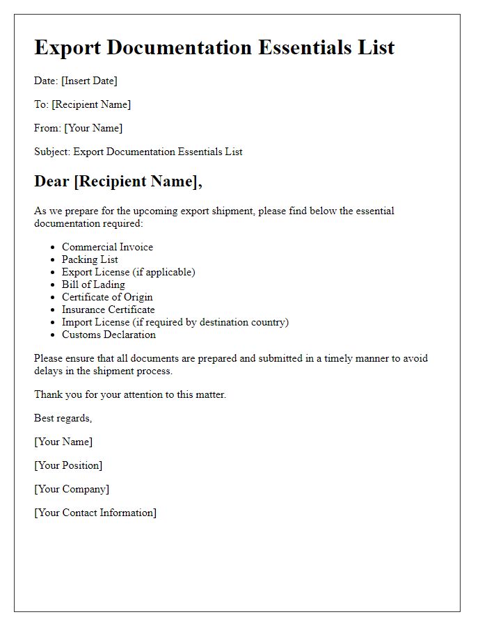 Letter template of export documentation essentials list