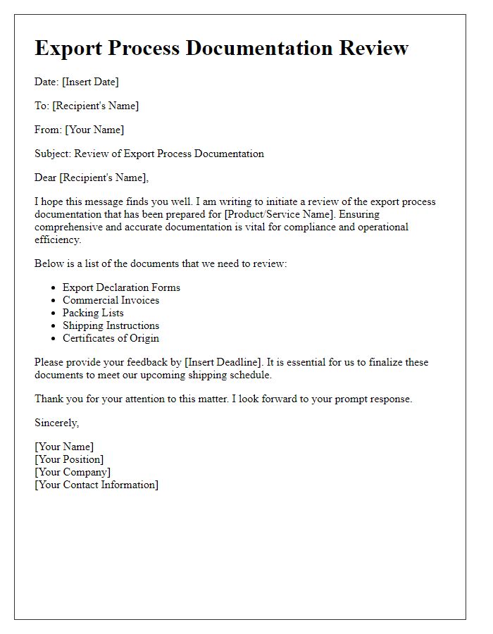 Letter template of export process documentation review