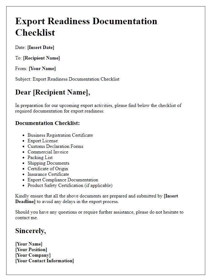 Letter template of export readiness documentation checklist