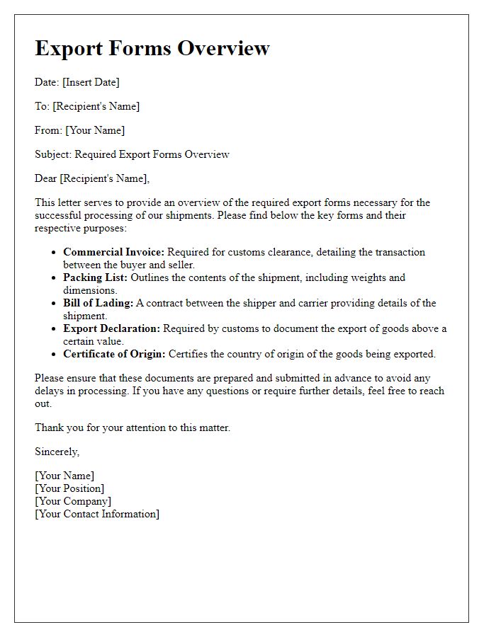 Letter template of required export forms overview