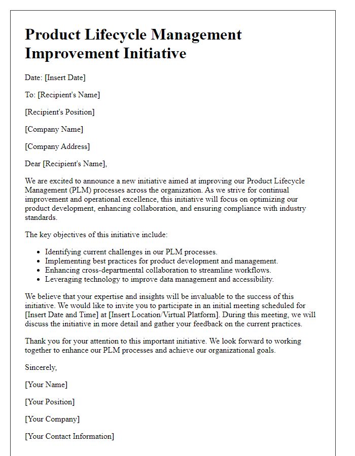 Letter template of product lifecycle management improvement initiative