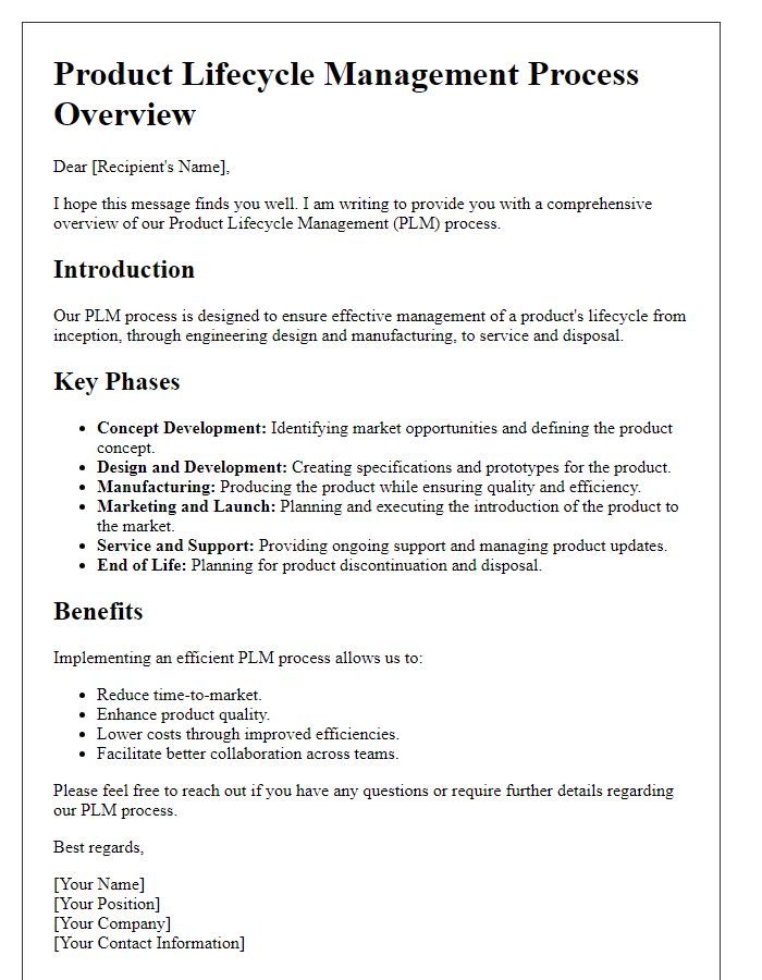 Letter template of product lifecycle management process overview