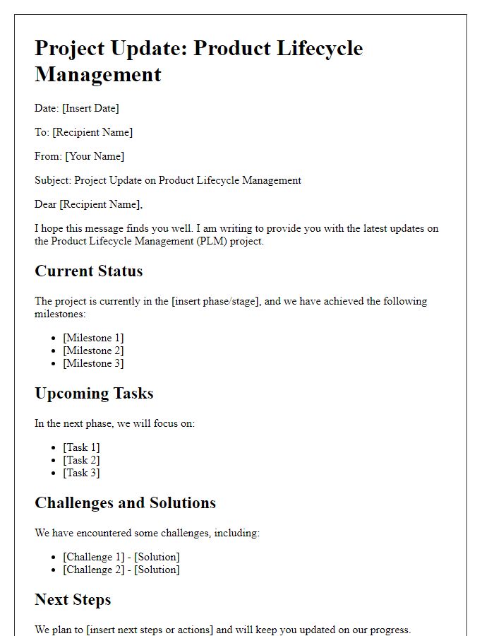 Letter template of product lifecycle management project update