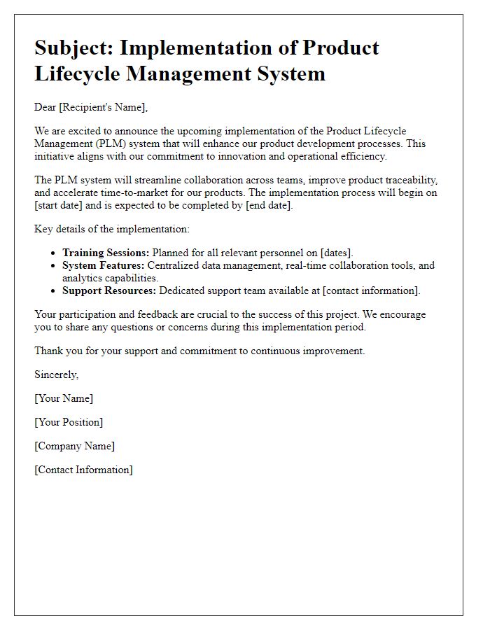 Letter template of product lifecycle management system implementation