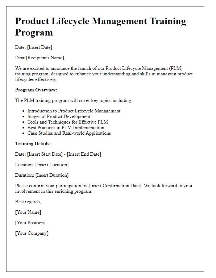 Letter template of product lifecycle management training program