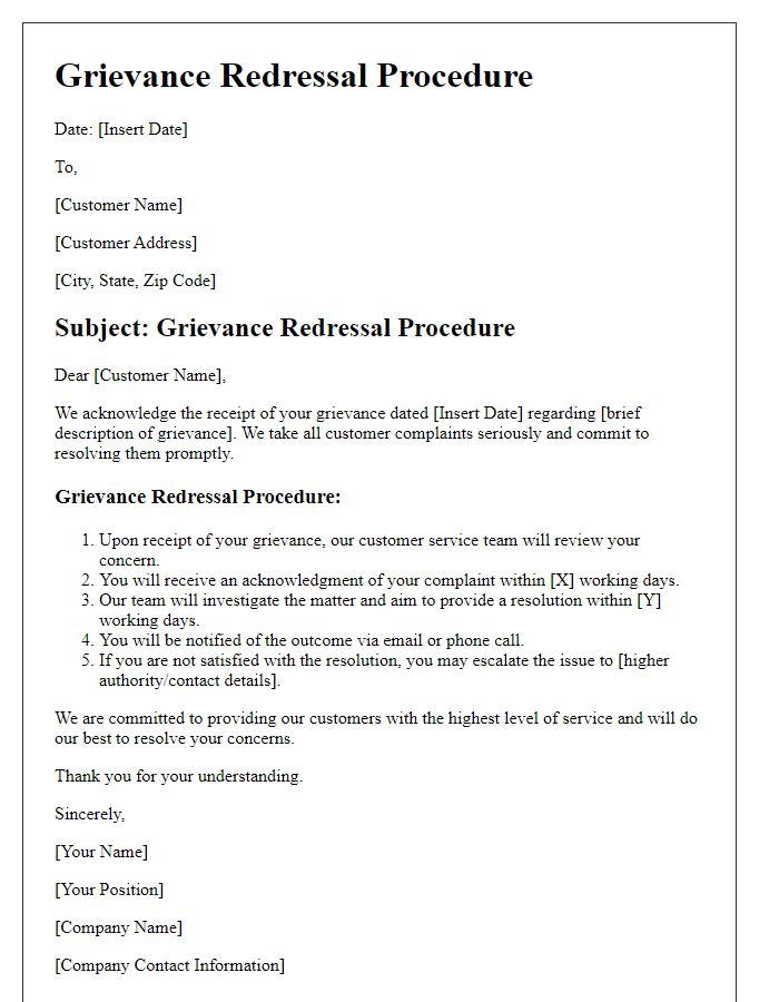 Letter template of grievance redressal procedure for customers.