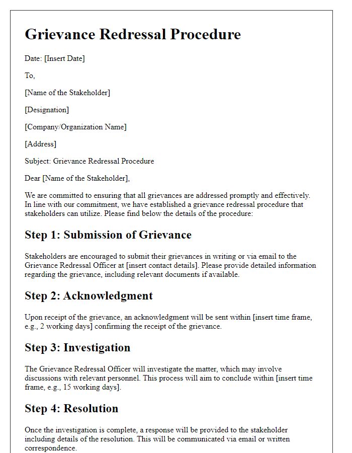 Letter template of grievance redressal procedure for stakeholders.